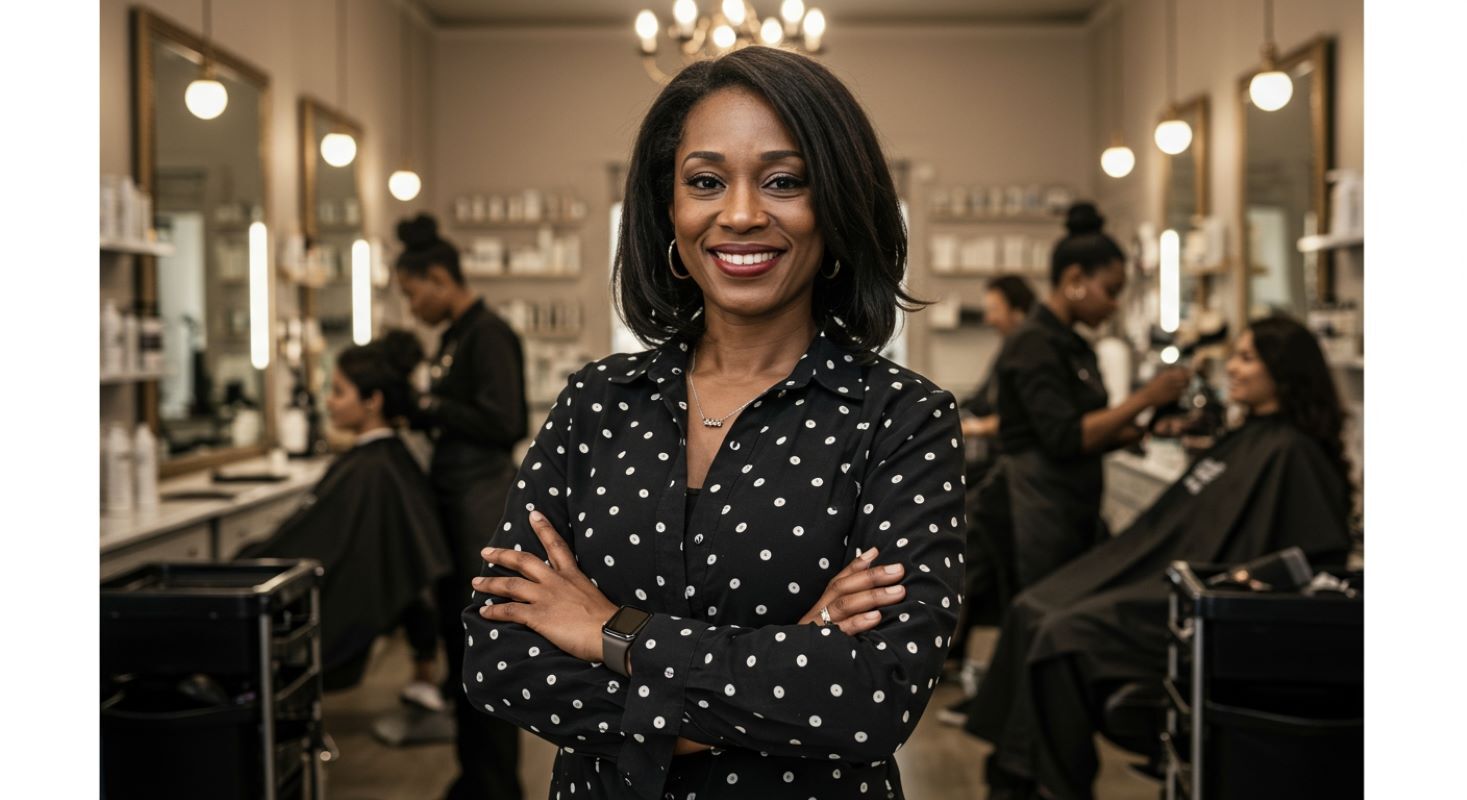 Confident salon owner standing in her beautifully designed salon with team working in background